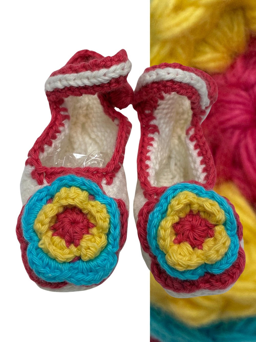 Art Walk Baby Mary Janes Booties - Pink, Yellow & Blue Flower Accent